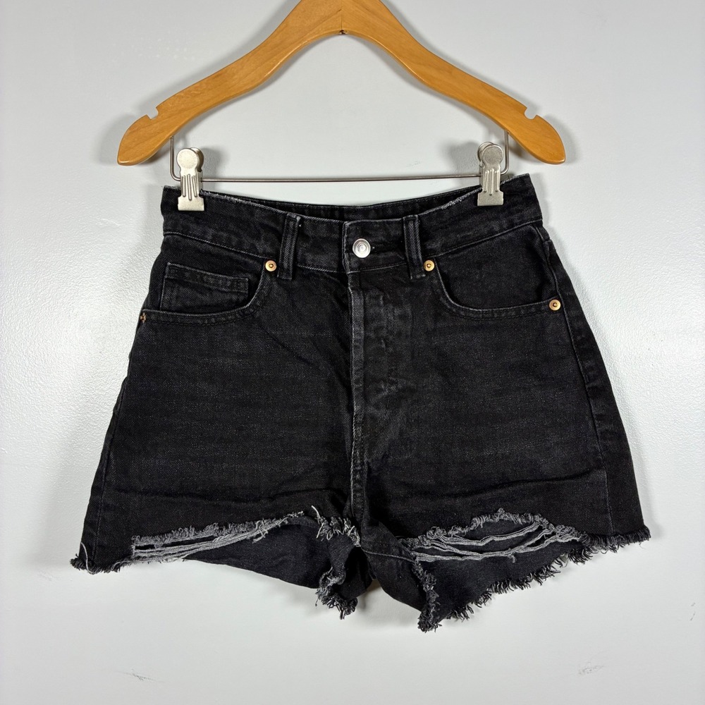 H&M Denim Shorts 4 High Rise Cut Off Frayed Hem Button Fly Grunge Edgy Festival